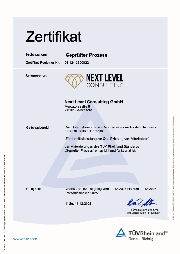 TÜV Rheinland Zertifikat „Geprüfter Prozess“, Registrier-Nr. 01 424 2500822, gültig vom 11.12.2025 bis 10.12.2028
